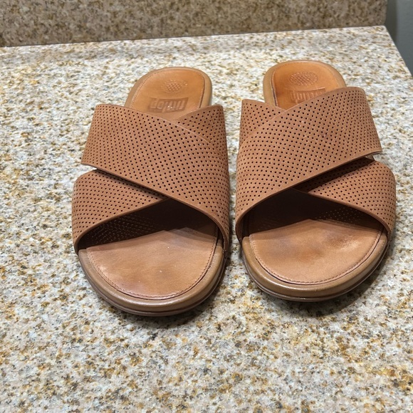 FITFLOP F MODE TAN LEATHER CRISS CROSS SLIDE SLIP ON SANDALS SIZE 10 - Picture 1 of 7